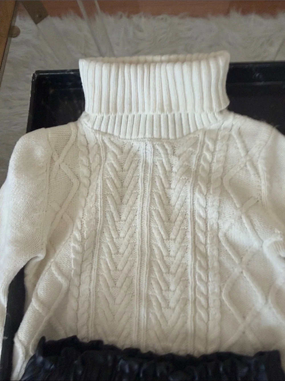 Cozy White Cable Knit Turtleneck Sweater with Faux Leather skirt (hat/mittens)